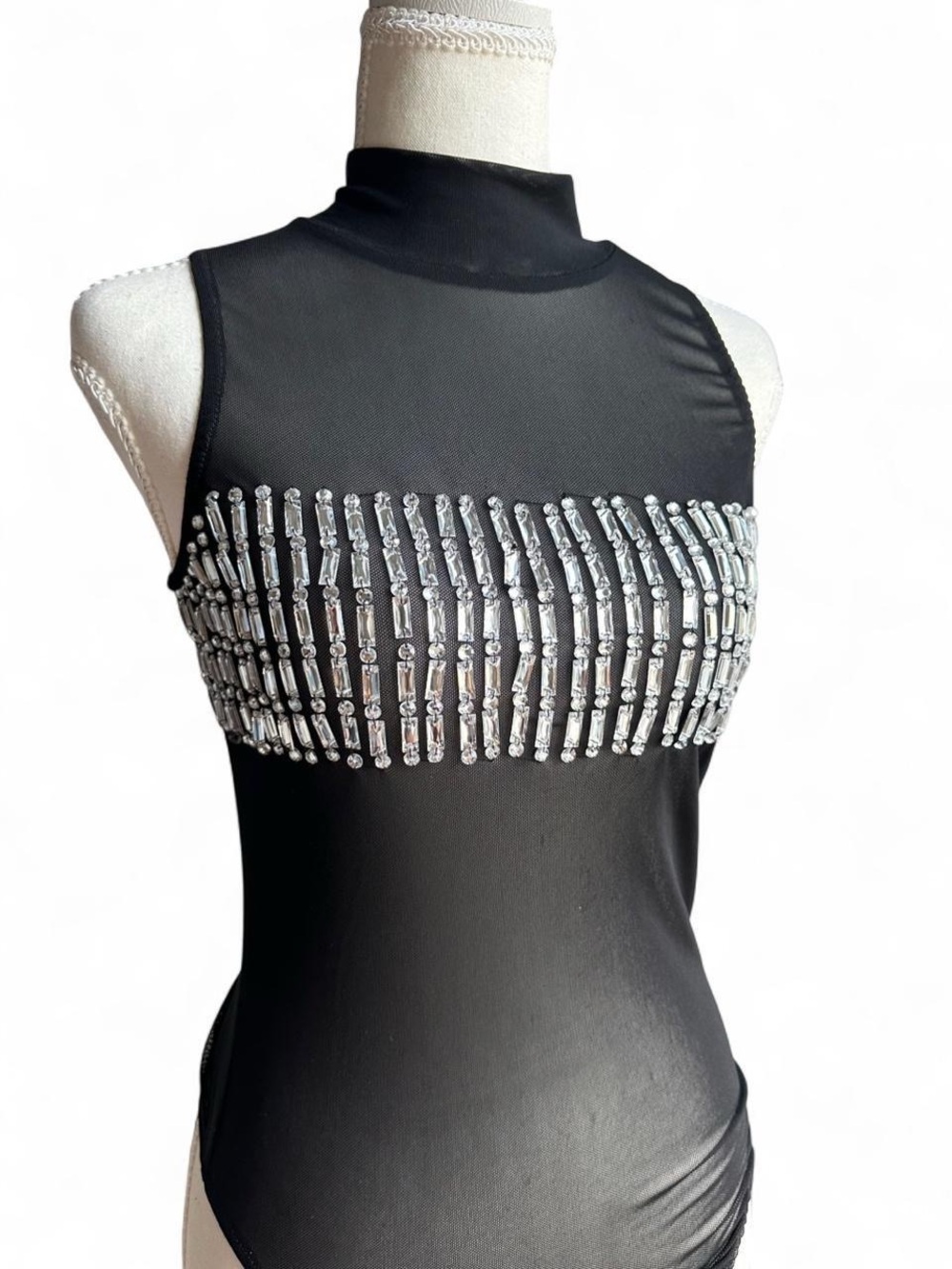 Hera Collection Black High-Neck Embellished Mesh Bodysuit